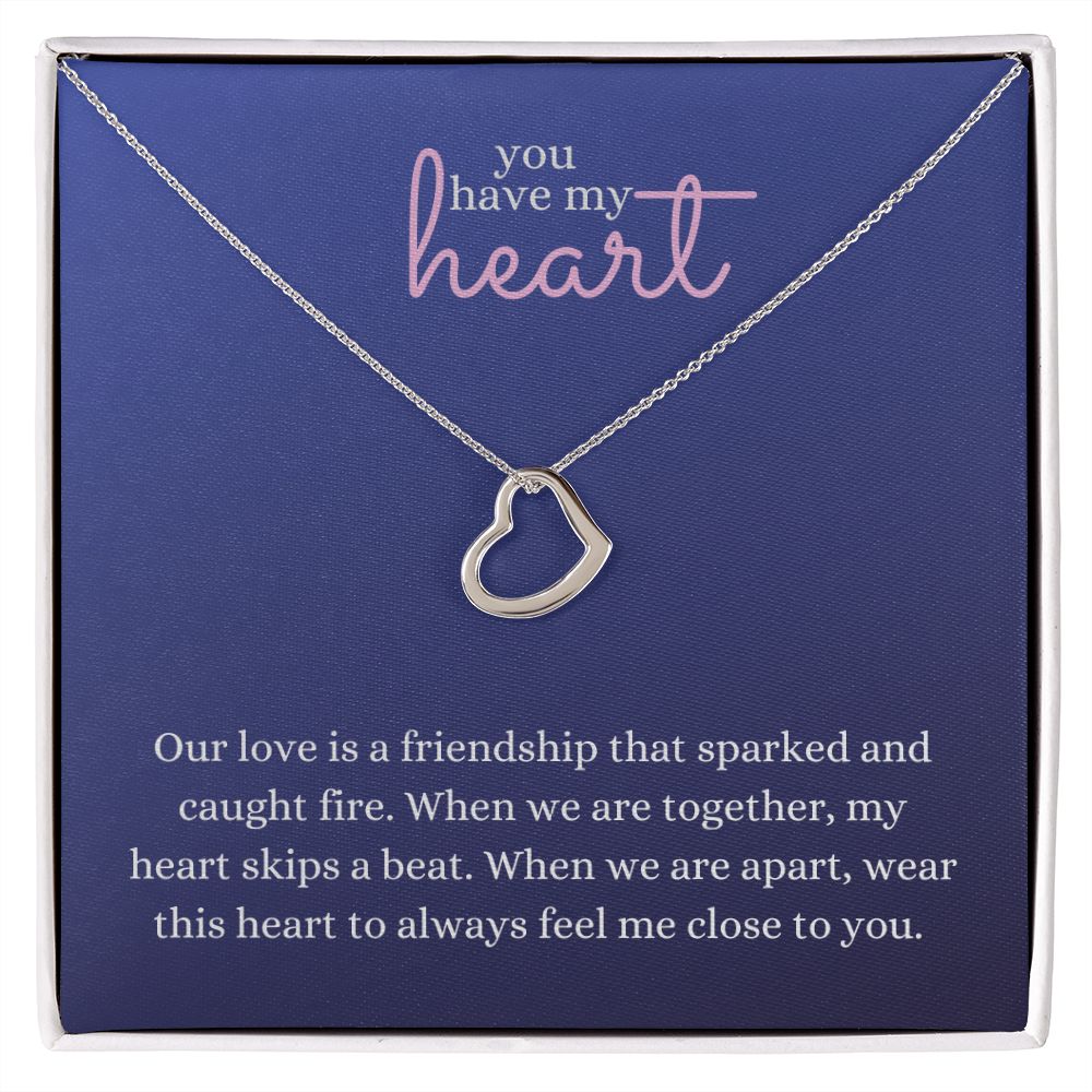 Love Heart Necklace Available in 14k White Gold or 18k Yellow Gold Dipped Sterling Silver, blue card