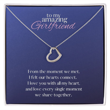 Amazing Girlfriend Love Heart Necklace Available in 14k White Gold or 18k Yellow Gold Dipped Sterling Silver, blue card