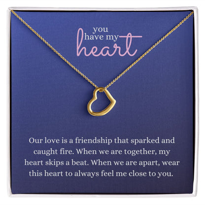 Love Heart Necklace Available in 14k White Gold or 18k Yellow Gold Dipped Sterling Silver, blue card