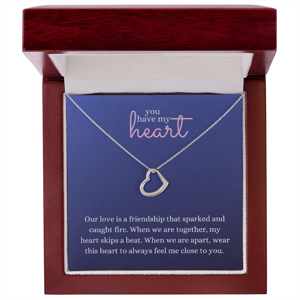 Love Heart Necklace Available in 14k White Gold or 18k Yellow Gold Dipped Sterling Silver, blue card