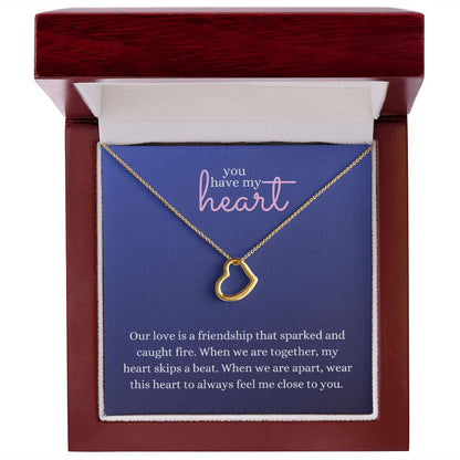 Love Heart Necklace Available in 14k White Gold or 18k Yellow Gold Dipped Sterling Silver, blue card