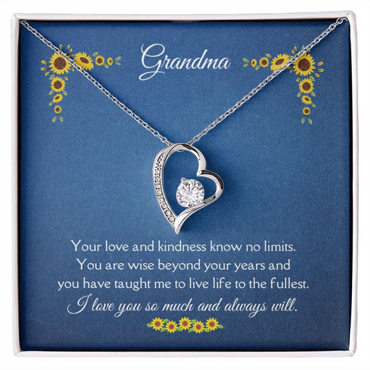 Grandma Love and Kindness Forever Necklace 14k White Gold or 18k Yellow Gold Finishes, blue sunflower