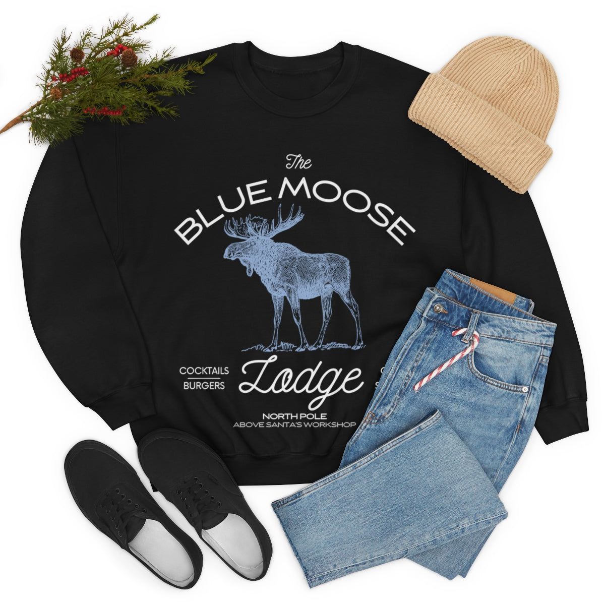 The Blue Moose Lodge Holiday Sweatshirt Available in Black, Grey and White Unisex sizes S-3XL