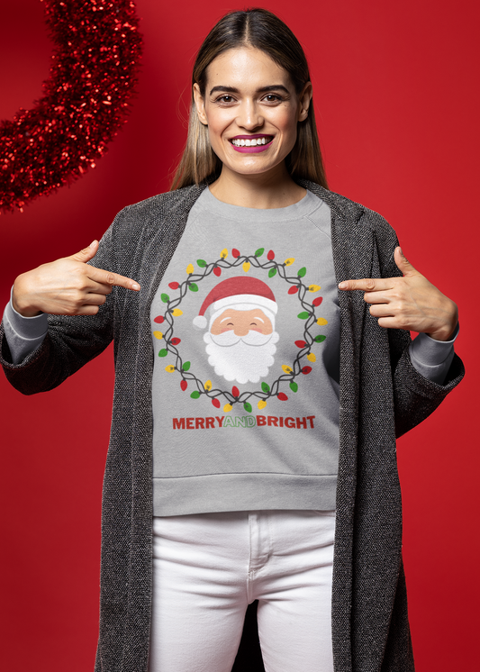 Merry and Bright Santa Holiday Sweatshirt Available in Grey and White Unisex sizes S-3XL