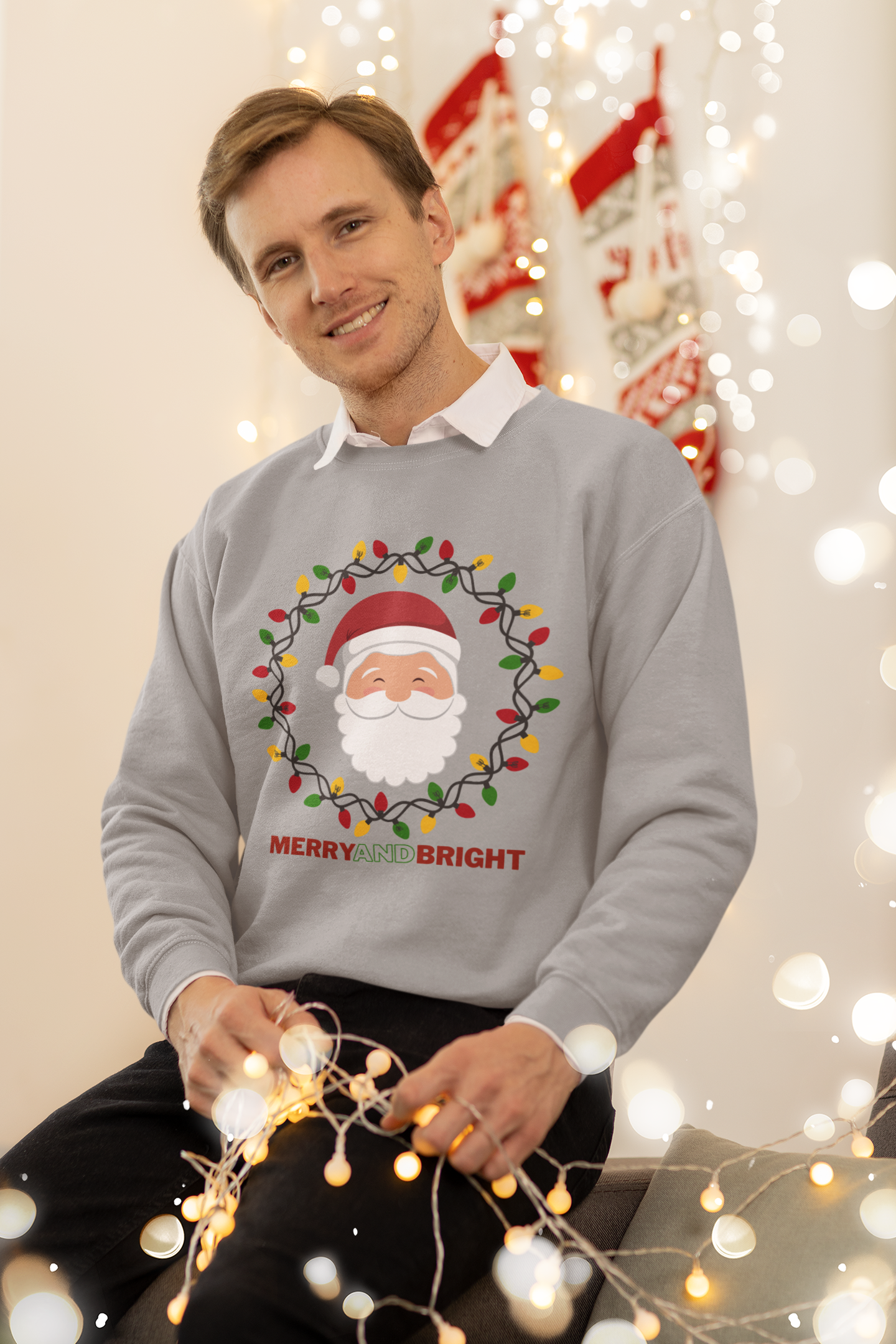 Merry and Bright Santa Holiday Sweatshirt Available in Grey and White Unisex sizes S-3XL