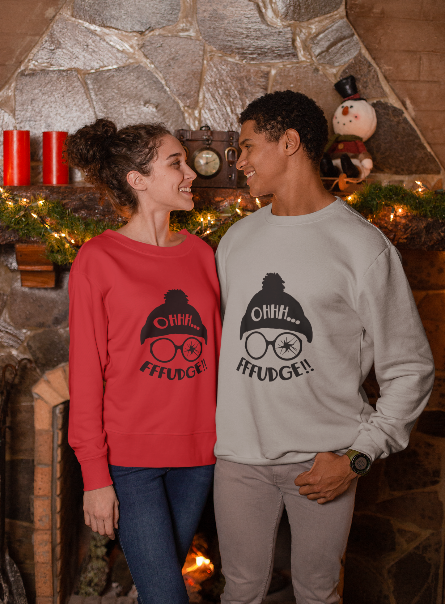 Christmas Sweatshirt, Oh Fudge! (front) You'll Shoot Your Eye Out (back) Unisex Heavy Blend™ Crewneck Sweatshirt, Avail in Red, Green, Grey and White Sizes S-3XL