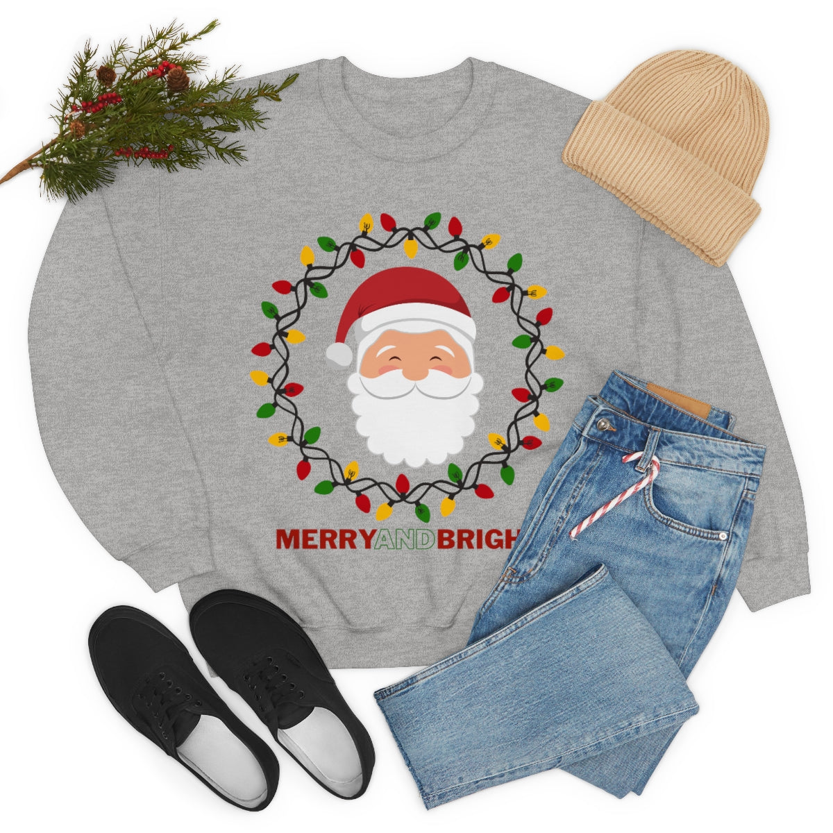 Merry and Bright Santa Holiday Sweatshirt Available in Grey and White Unisex sizes S-3XL