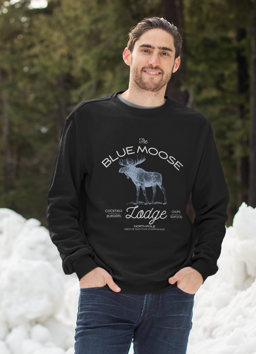 The Blue Moose Lodge Holiday Sweatshirt Available in Black, Grey and White Unisex sizes S-3XL